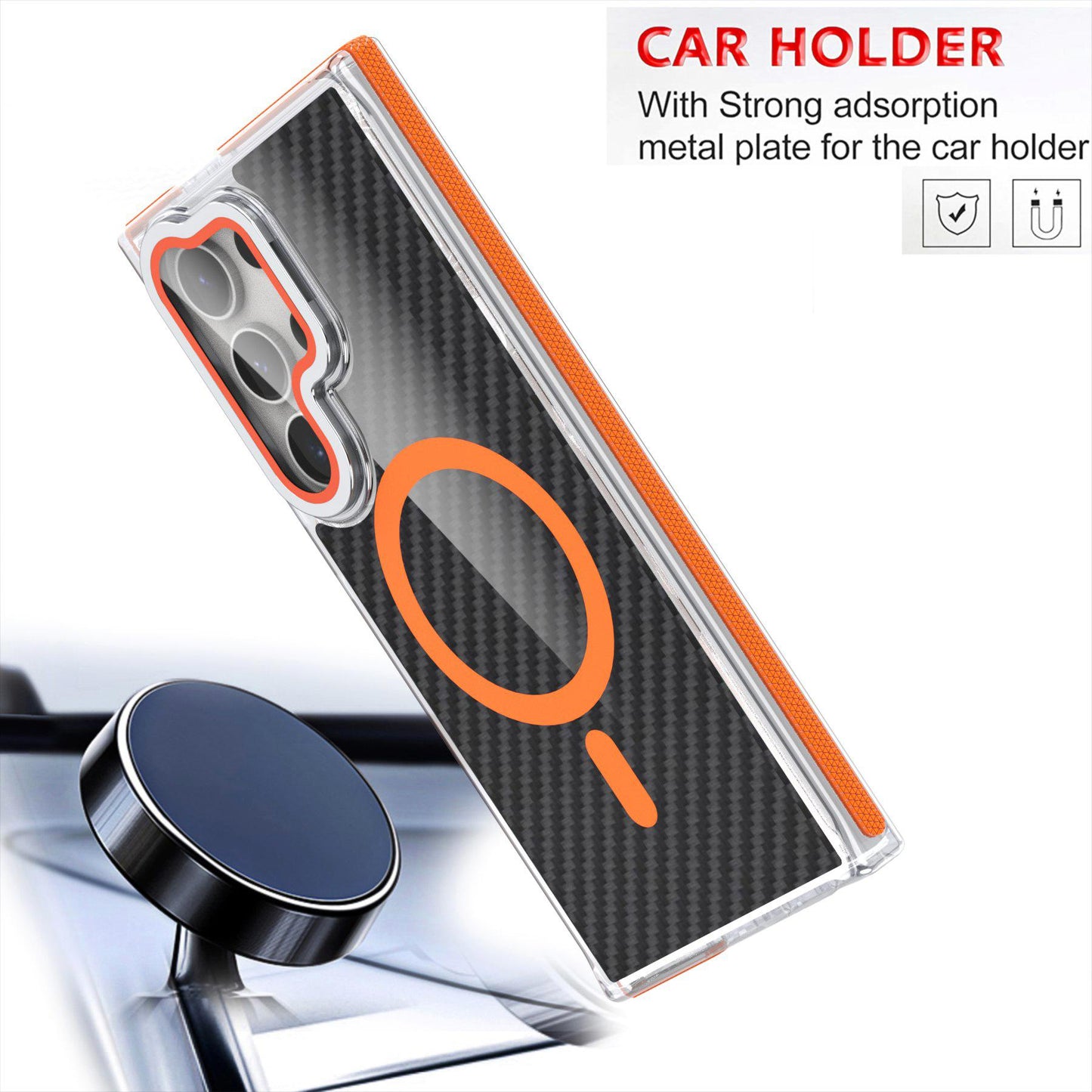 Magnetic Carbon Fiber Pattern Phone Case, Metal Hardware Camera Lens Stand Acrylic Cover With Lens Protection Film, Shockproof Anti-Fall Bumper For Samsung S24 S23 S22 Plus Ultra
