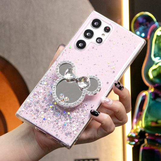 Glitzerstern Pailletten Mauskopf Stand Handyhülle für Samsung Galaxy S23 S22 S21 S20 FE Note 20 Ultraklare weiche TPU Rückseite
