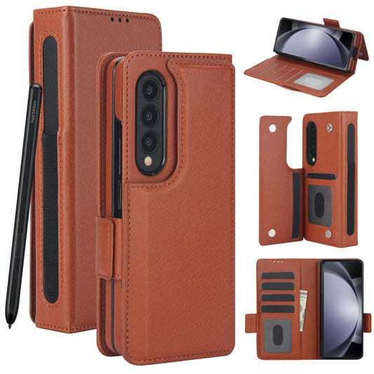 For Samsung Z Fold 6 Leather Foldable Card Insert Pen Slot Phone Case For Galaxy Z Fold 5 Z Fold 3 4 Flip MultiFunctional Stand
