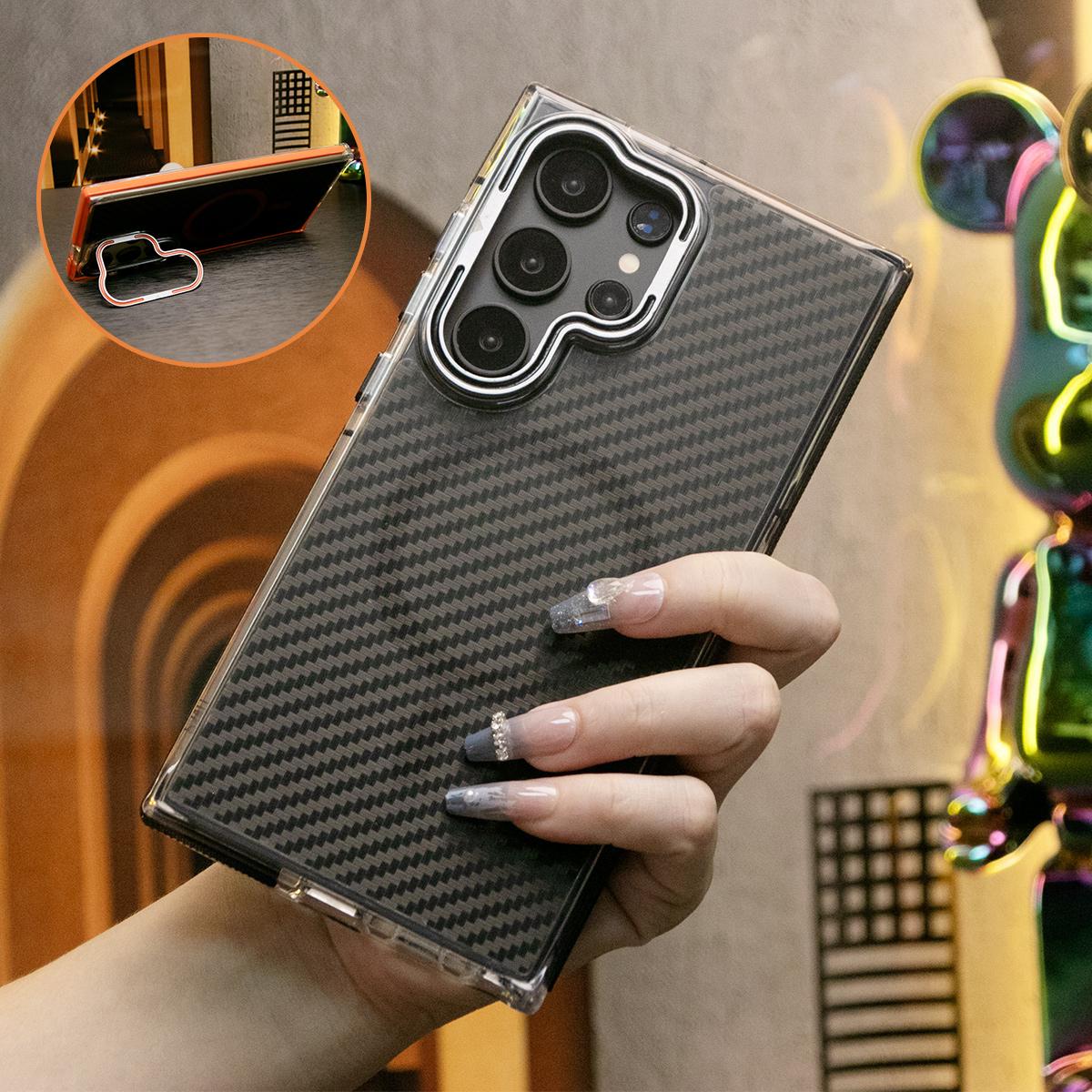 Strong Magnetic Carbon Fiber Pattern Phone Case, Metal Hardware Camera Lens Kickstand Acrylic Cover, With Shockproof Anti-Fall Bumper For Samsung S25 S24 S23 S21FE A14 A15 A24 A25 A35 A54 A55