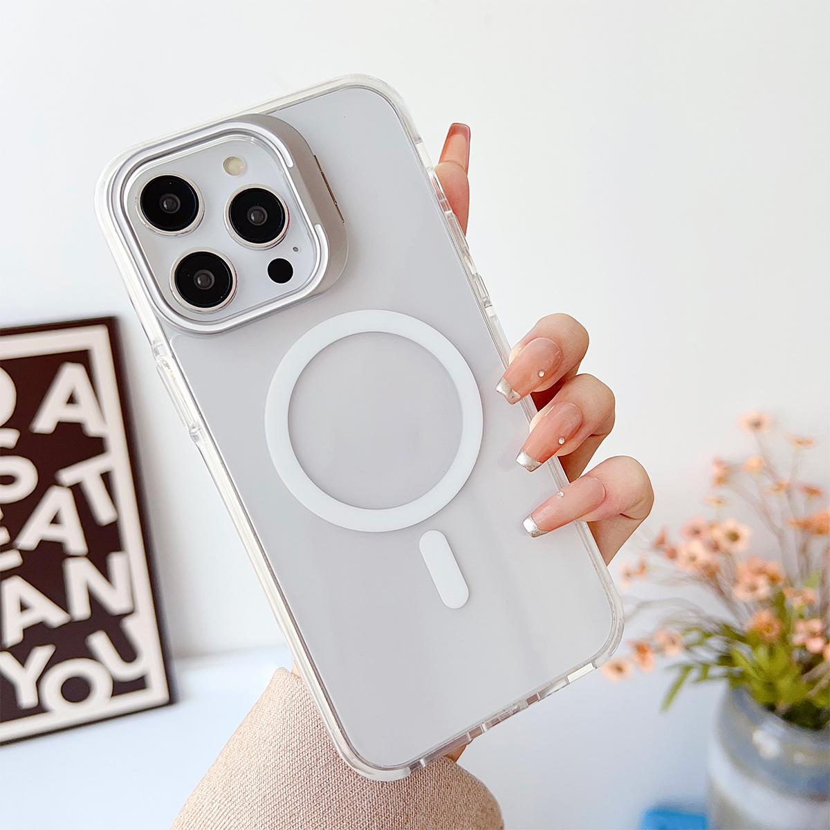 Dual Color Lens Stand Magnetic For Magsafe Wireless Charging Phone Case For iPhone 16 15 14 13 Pro Max Plus Clear TPU Acrylic Hard Cover