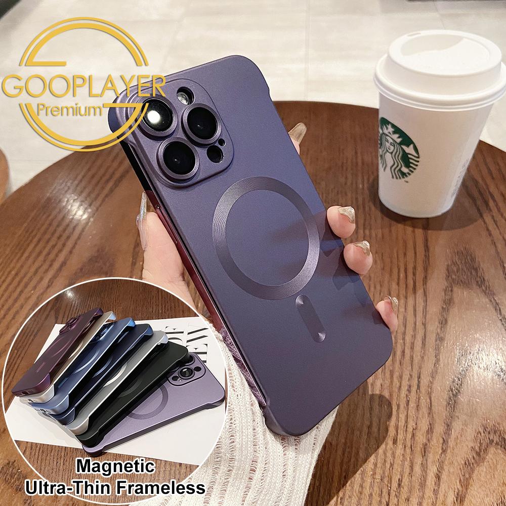 For iPhone 16 15 14 13 Pro Max Phone Case, Ultrathin Magnetic Support Wireless Charging Metallic Glossy Titanium Frameless PC for Magsafe Hard Matte Full Cover