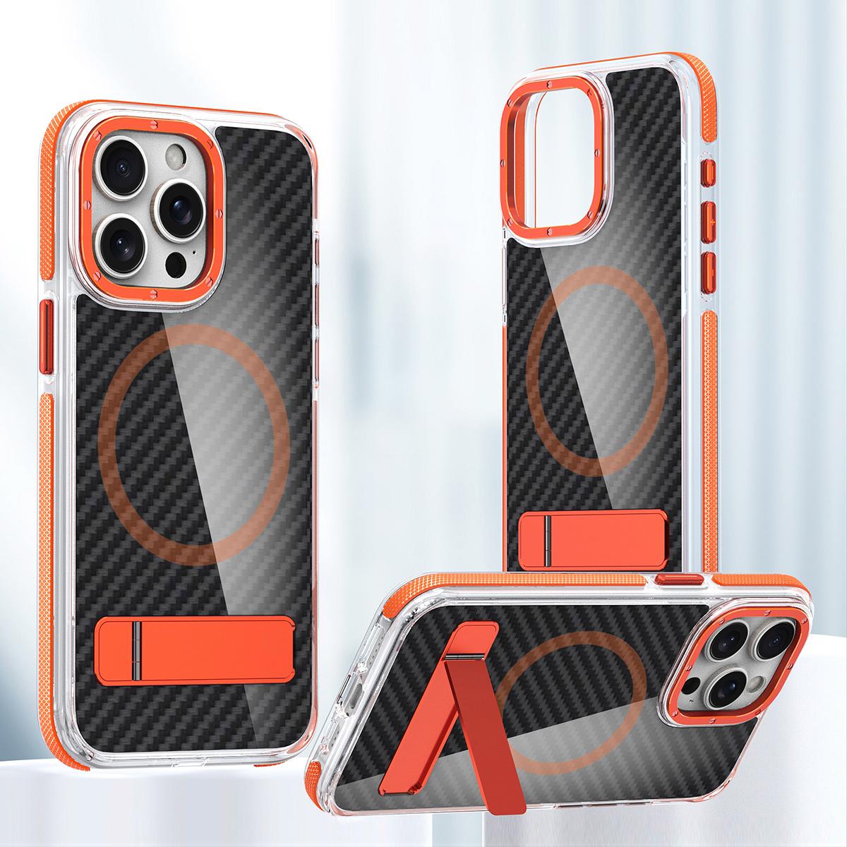 For iPhone 16 15 14 Pro Max Phone Case, Premium Strong Magnetic Carbon Fiber Metal Bracket Acrylic Clear Shockproof Anti-Fall Bumper for Magsafe Non-Yellowing Hard Full