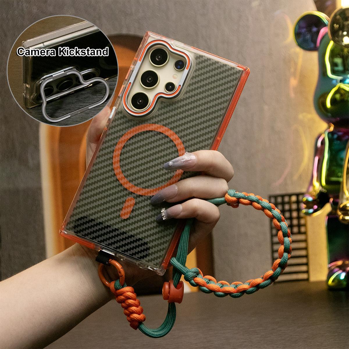 Magnetic Carbon Fiber Pattern Phone Case, Metal Hardware Camera Stand Acrylic Cover, With Adjustable Woven Strap, Anti-Fall Bumper For Samsung S24 S23 S21 Ultra FE A14 A15 A24 A25 A35 A54 A55 A05