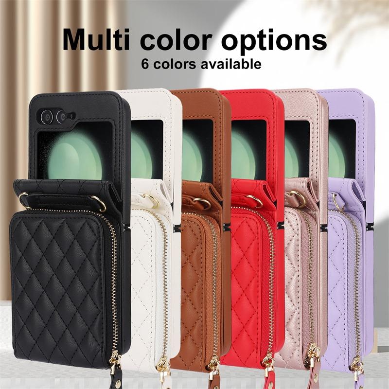 Crossbody Wrist Strap Phone Case for Samsung Galaxy Z Flip 6 5 4 Flip6 Flip5 Flip4 Flip3 Leather Wallet  with Card Holder Cover