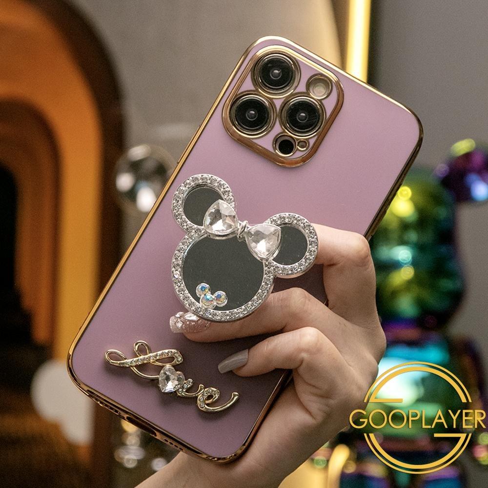 Mouse Head Mirror Stand Love Plating Phone Case For iPhone 16 15 14 13 12 Pro Max