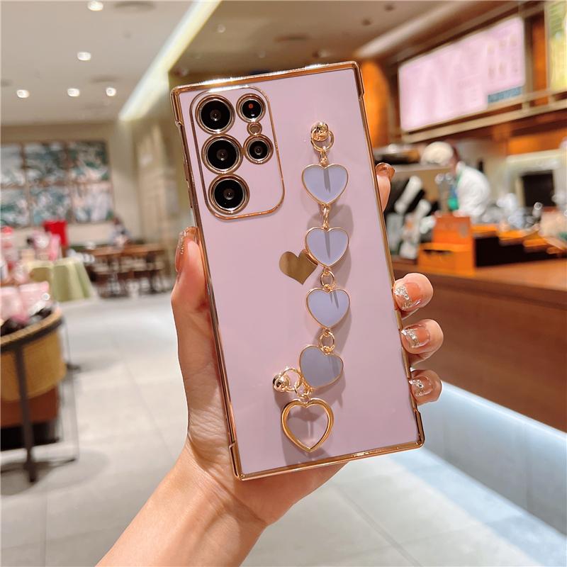 Plating Love Heart Bracelet Case For Samsung S23 S22 S21 Ultra A52 A53 A54 A23 A12 Soft Cover