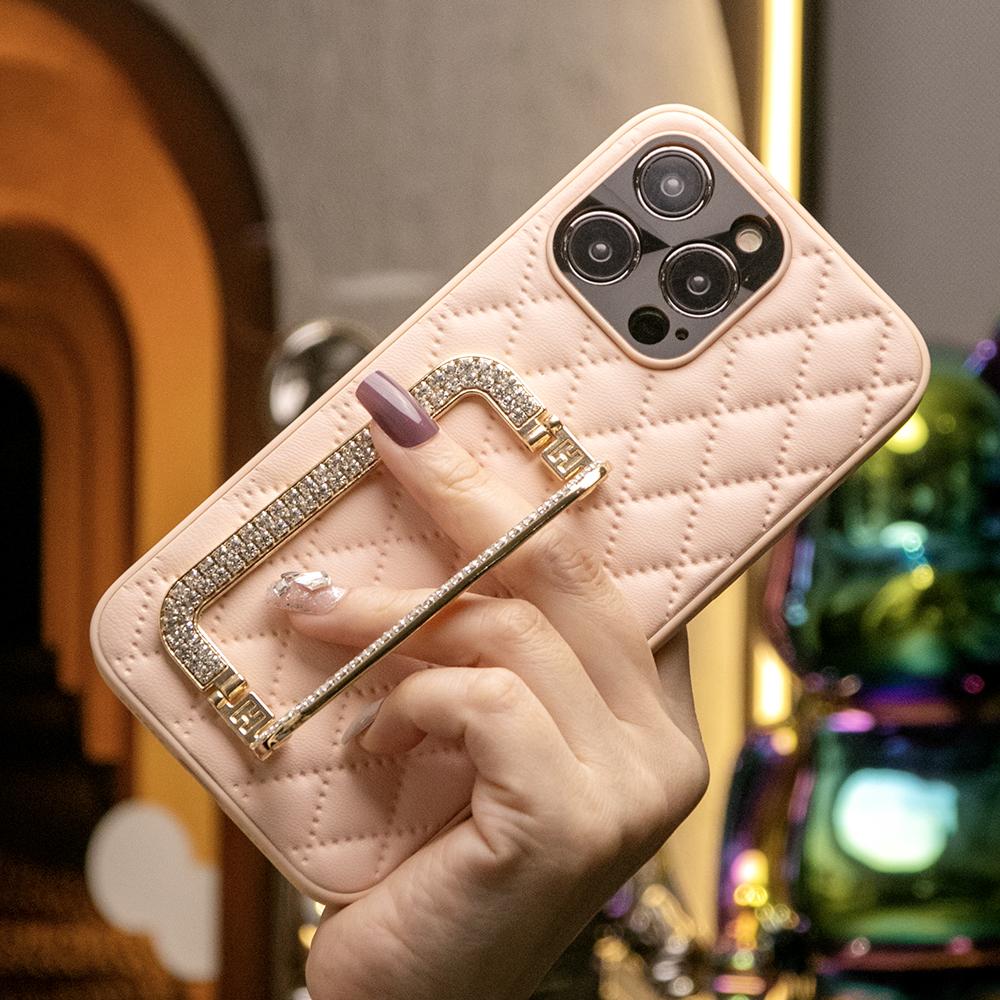 3D Crystal Square Holder Lattice Leather Phone Case for iPhone 16 15 14 13 12 Pro Max