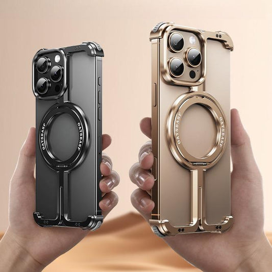 For iPhone 16ProMax 16 15 14 13 12 Desert Gold Aluminum π Shape Phone Case with Metal 360 Rotating Kickstand, Anti-Fall for Magsafe Shockproof Frameless Support Wireless Charging Hard Full Cover