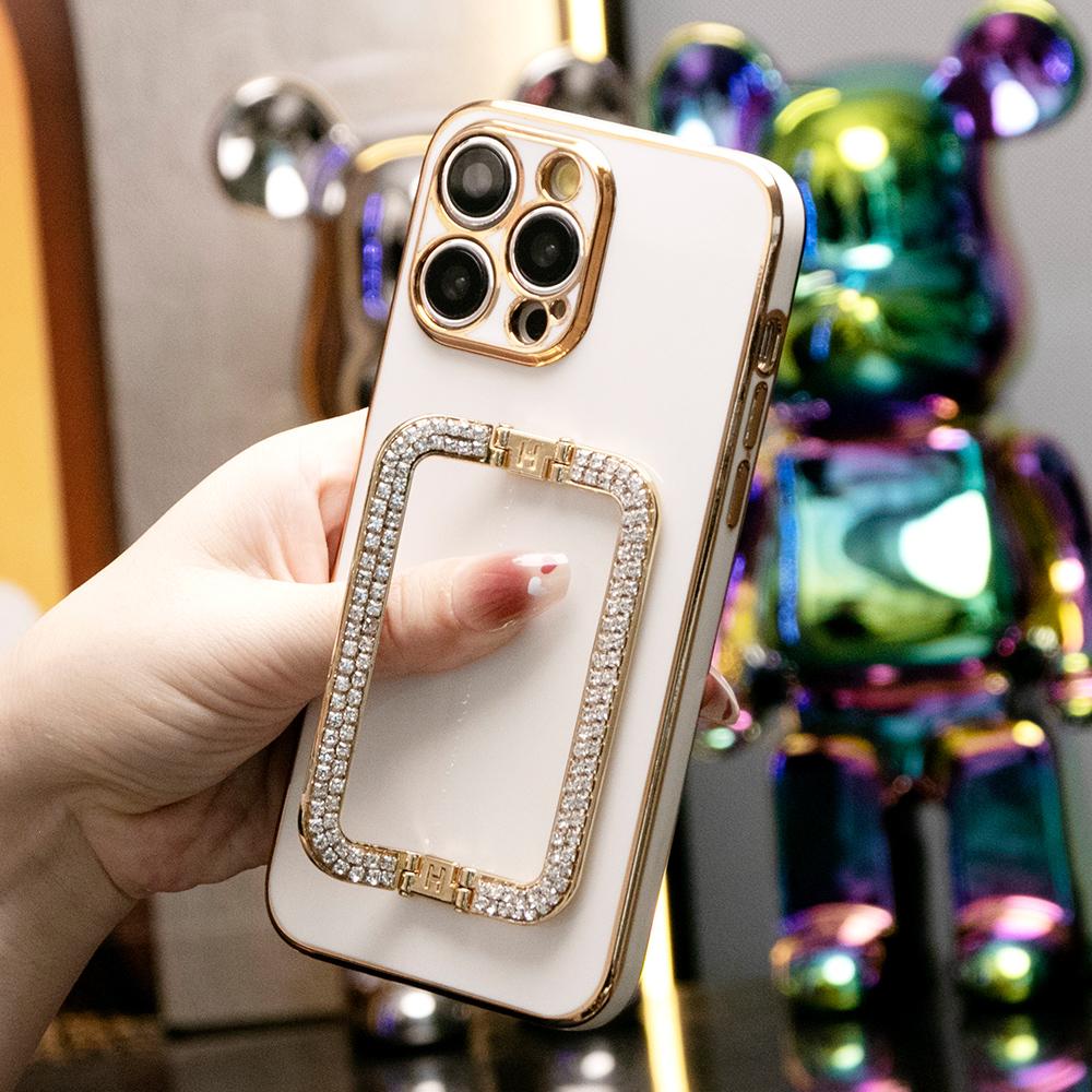 3D Crystal Square Holder Plating Phone Case for iPhone 16 15 14 13 12 Pro Max