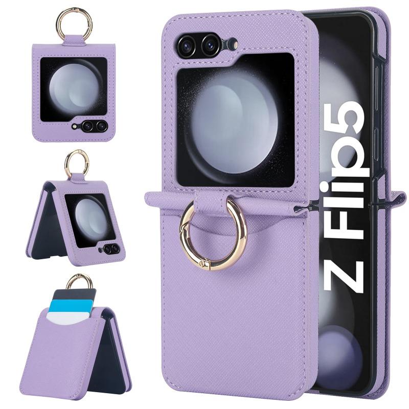 Cross Grain Leather Ring Phone Case for Samsung Galaxy Z Flip 6 5 4 3 Flip5 Flip4 Flip6 Wallet with Card Holder Shockproof Cover