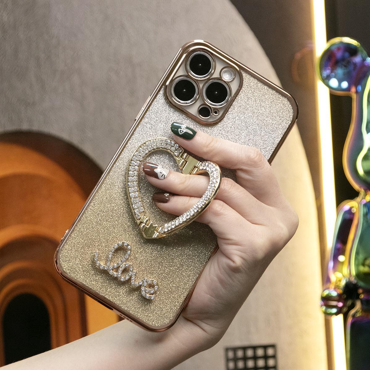 Glitter Transparent Gradient Rhinestone Love Heart Kickstand Plating Phone Case For iPhone 16 15 14 13 12 11 XR XSMax X/XS Max Clear Soft TPU Back Cover