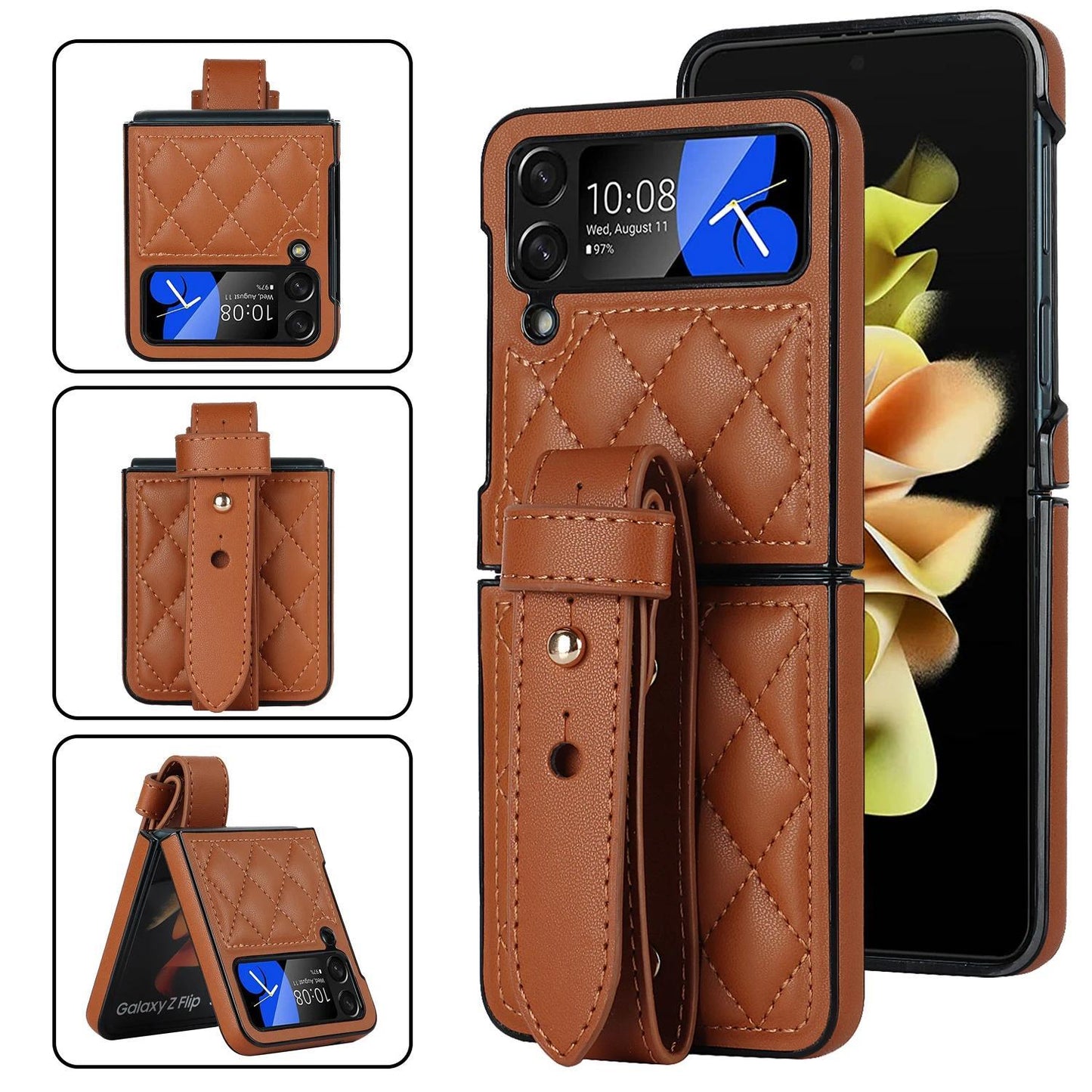 Leather Wristband Phone Case for Samsung Galaxy Z Flip 6 5 4 5G Flip5 Zflip4 Wrist Strap Thin Skin Feeling Shockproof Stand Cover