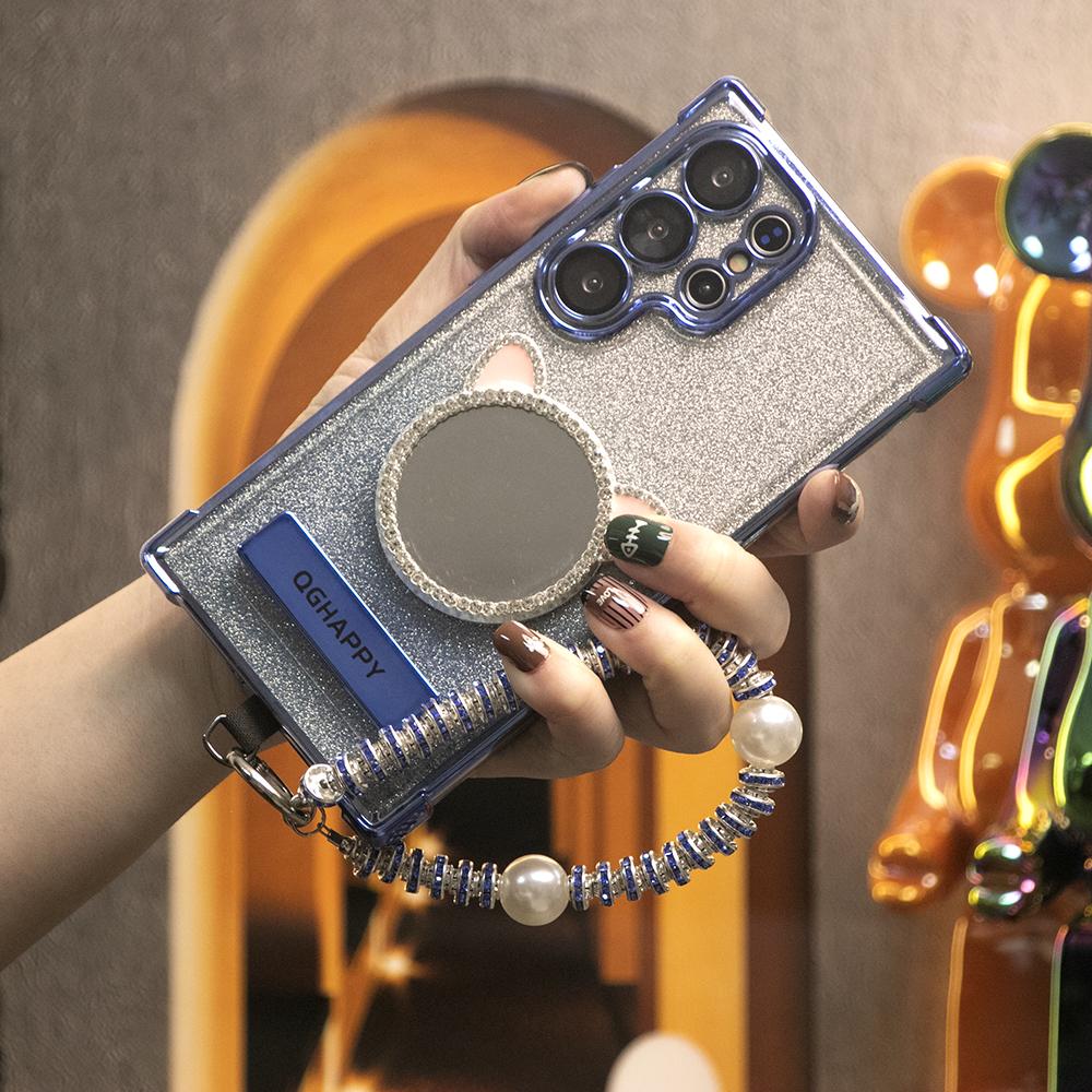 Gradient Plating Four Corners Cat Mirror Thin Kickstand Case with Pearl Diamond Wristband for Samsung S25Ultra S25 S24 S23 S22 S21 Note20 A53 A54 A55 Hard Acrylic Bumper Full Cover