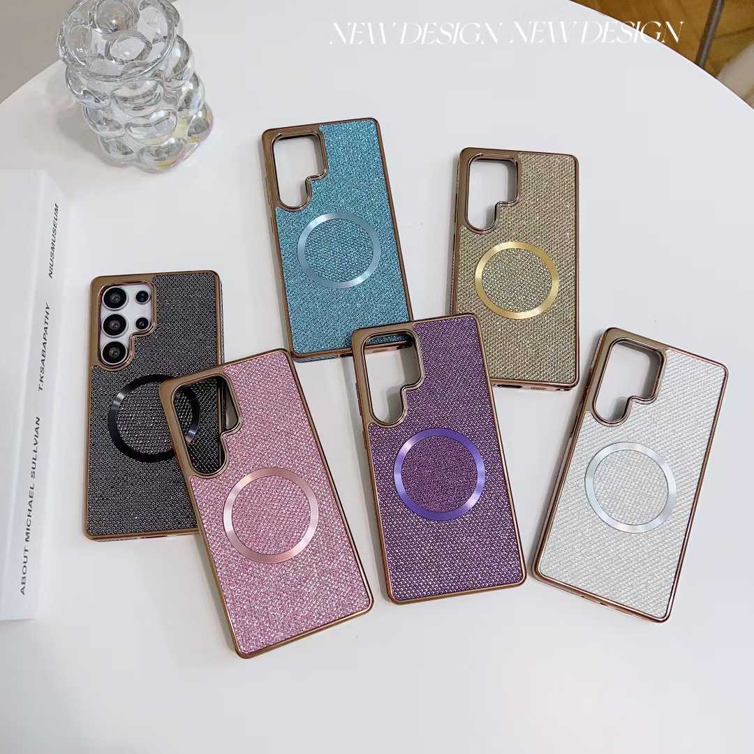 For Samsung S25Ultra S25 S24 S23 S22 Phone Case, Luxury Slim Glitter Magnetic Pattern Plating Matte Leather Len Protection Shockproof Hard Full Cover