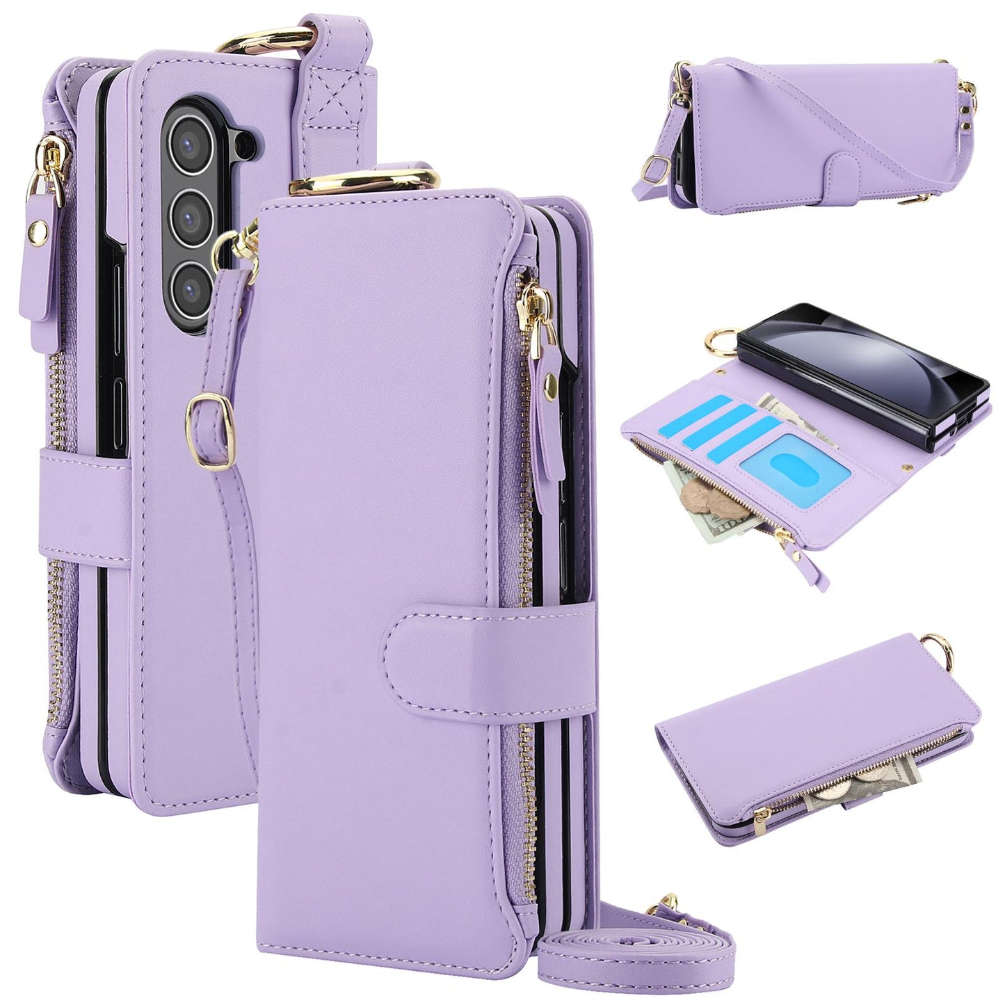 Crossbody Cards Solt Zipper Wallet Leather Case For Samsung Galaxy Z Fold 5 4 3 6 5G Wristband Ring Holder Kickstand Cash Pocket