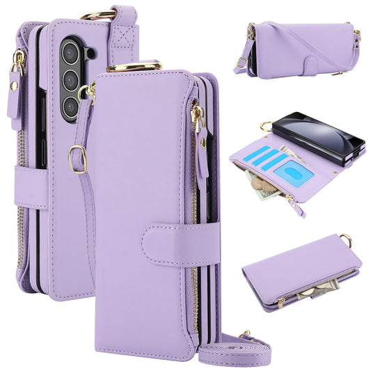 Crossbody Cards Solt Zipper Wallet Leather Case For Samsung Galaxy Z Fold 5 4 3 6 5G Wristband Ring Holder Kickstand Cash Pocket