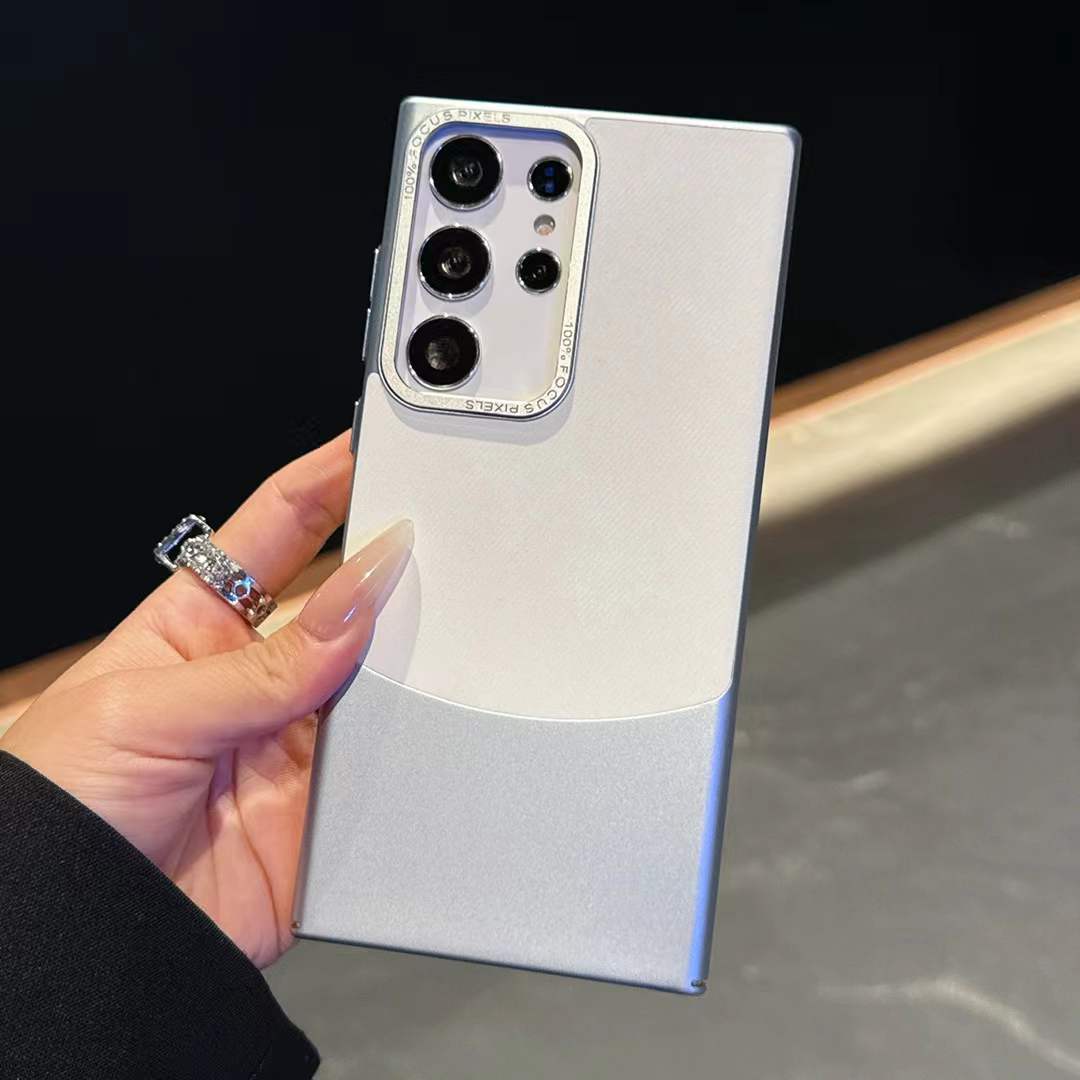 Matte Leather Two-tone Metal Lens Frame Phone Case For Samsung S25Ultra S24Ultra S23Ultra Shockproof Hard Full Cover