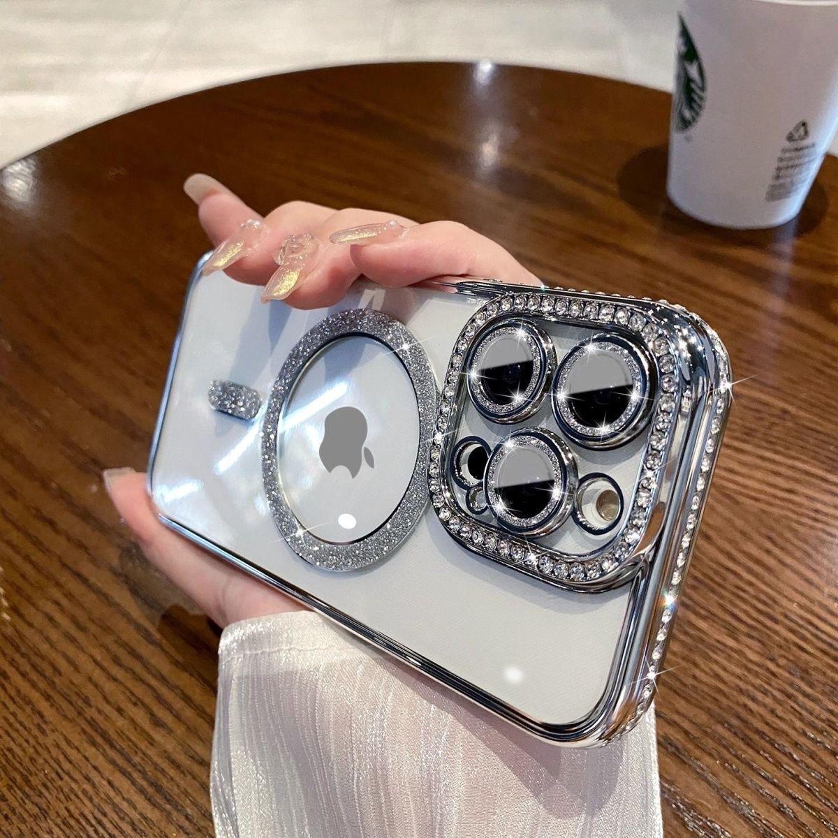 Glitzer Strass Transparent Magnethülle für iPhone 15 14 13 12 11 Pro Max Drahtlose Lade Diamant Stoßstangenabdeckung