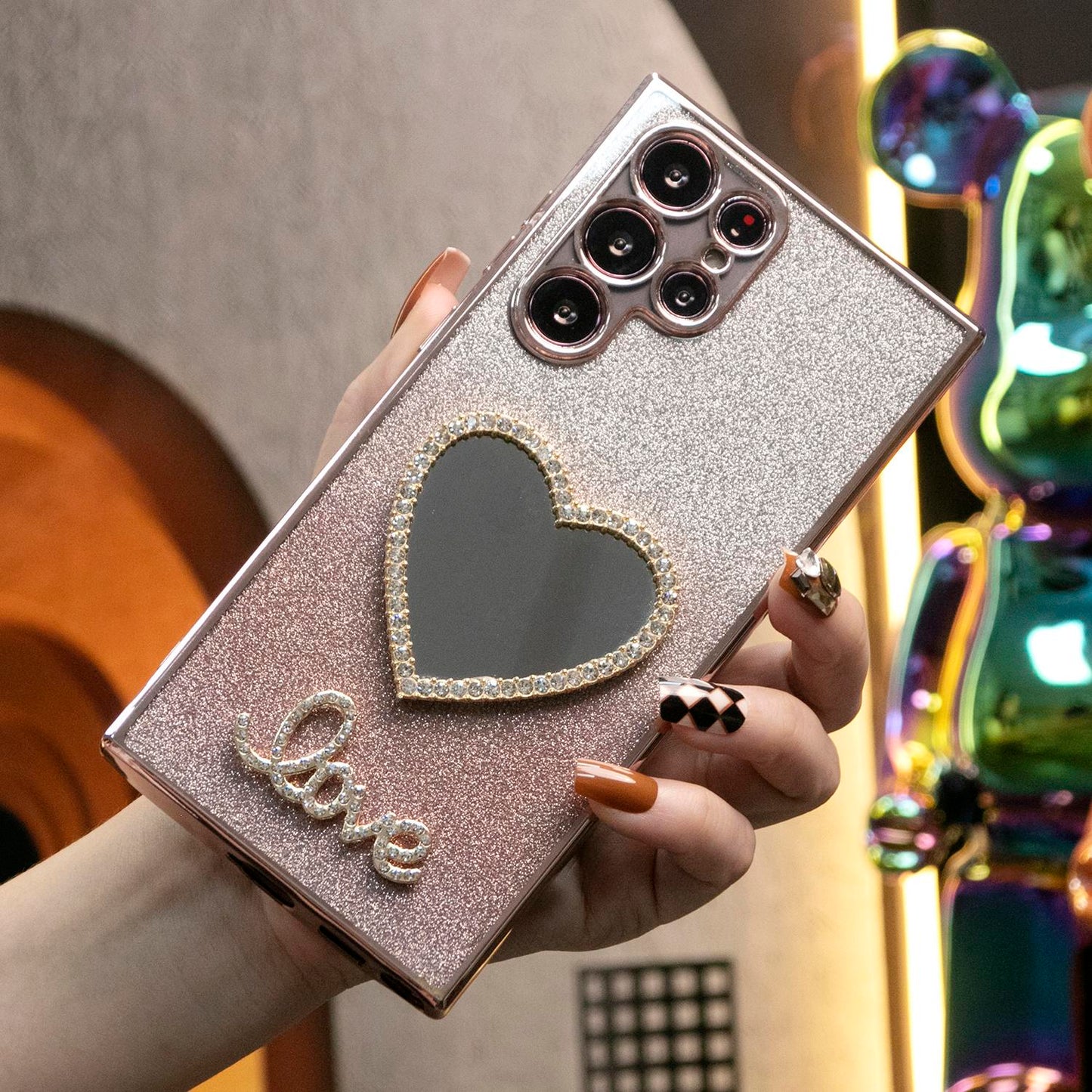 Luxury Diamond Love Heart Mirror Glitter Clear Gradient TPU Plating Shockproof Soft Phone Case For Samsung S24Ultra S24FE S24 S23 S22 S21 FE Plus Ultra