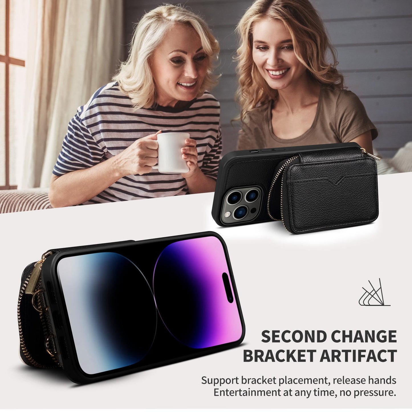 Zipper Crossbody Wallet Phone Case for iPhone 15 14 Plus 13 Pro Max Mirror Metal Chain Lanyard Card Slot Holder Leather Cover