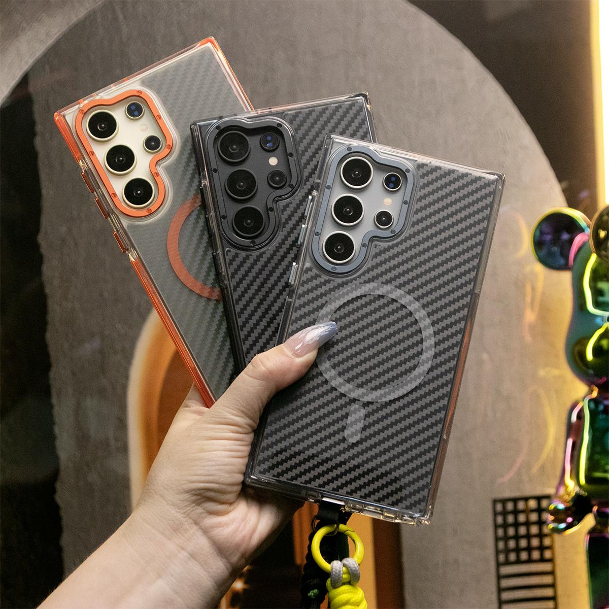 Strong Magnetic Carbon Fiber Phone Case, With Adjustable Woven Wristband, Metal Hardware Acrylic, Shockproof Anti-Fall Bumper For Samsung S25Ultra S25 S24 S23 S21FE A14 A15 A24 A25 A35 A54 A55 A05