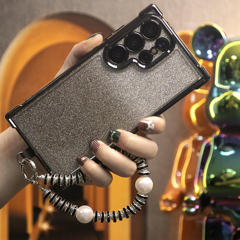 Gradient Plating Four Corners Phone Case with Pearl Diamond Wristband for Samsung S25Ultra S25 S24 S23 S22 S21 Note20 A53 A54 A55 Hard Acrylic Bumper Full Cover
