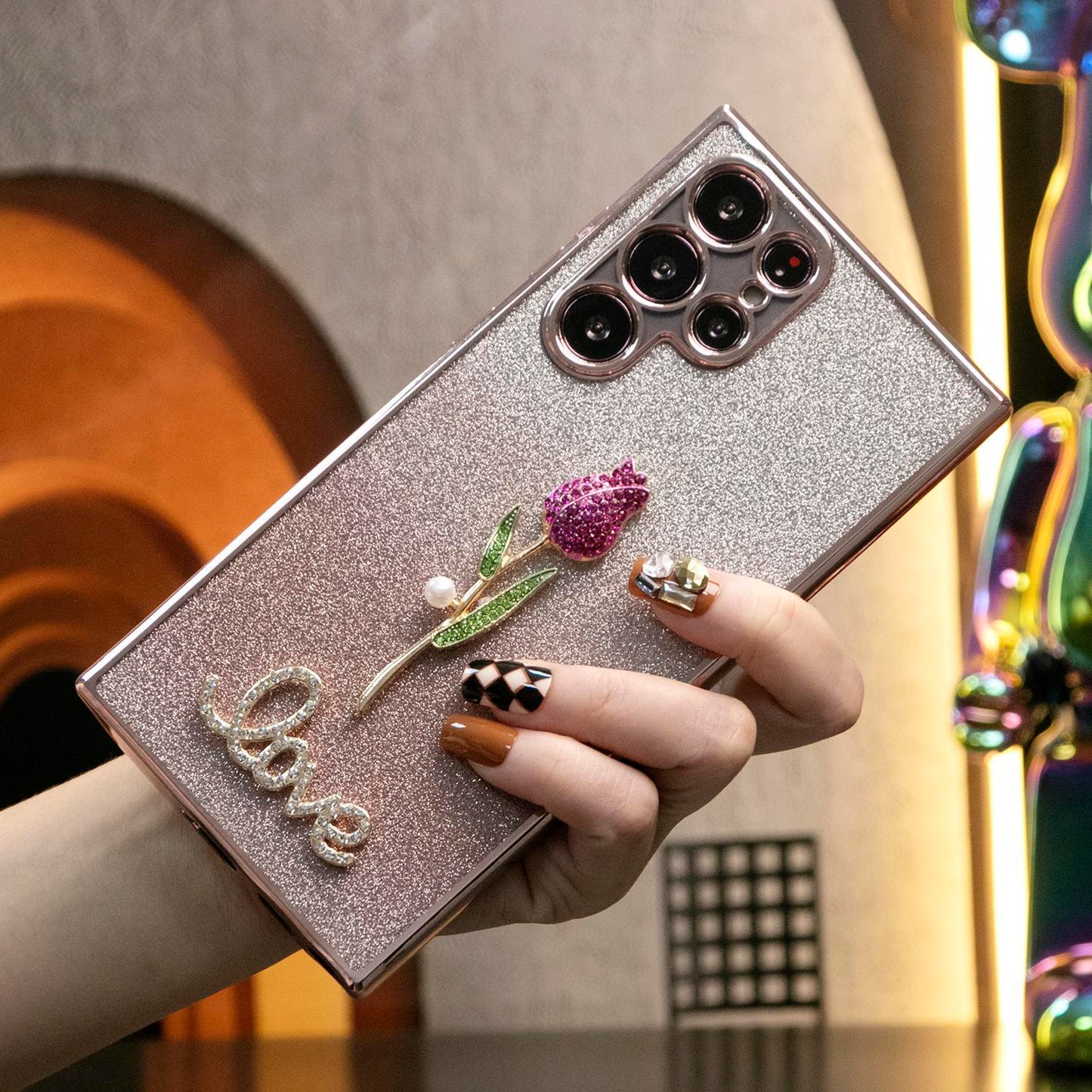 Luxury Diamond Plating Rose Flower Glitter Clear Gradient TPU Plating Shockproof Soft Phone Case For Samsung S24Ultra S24FE S24 S23 S22 S21 FE Plus Ultra