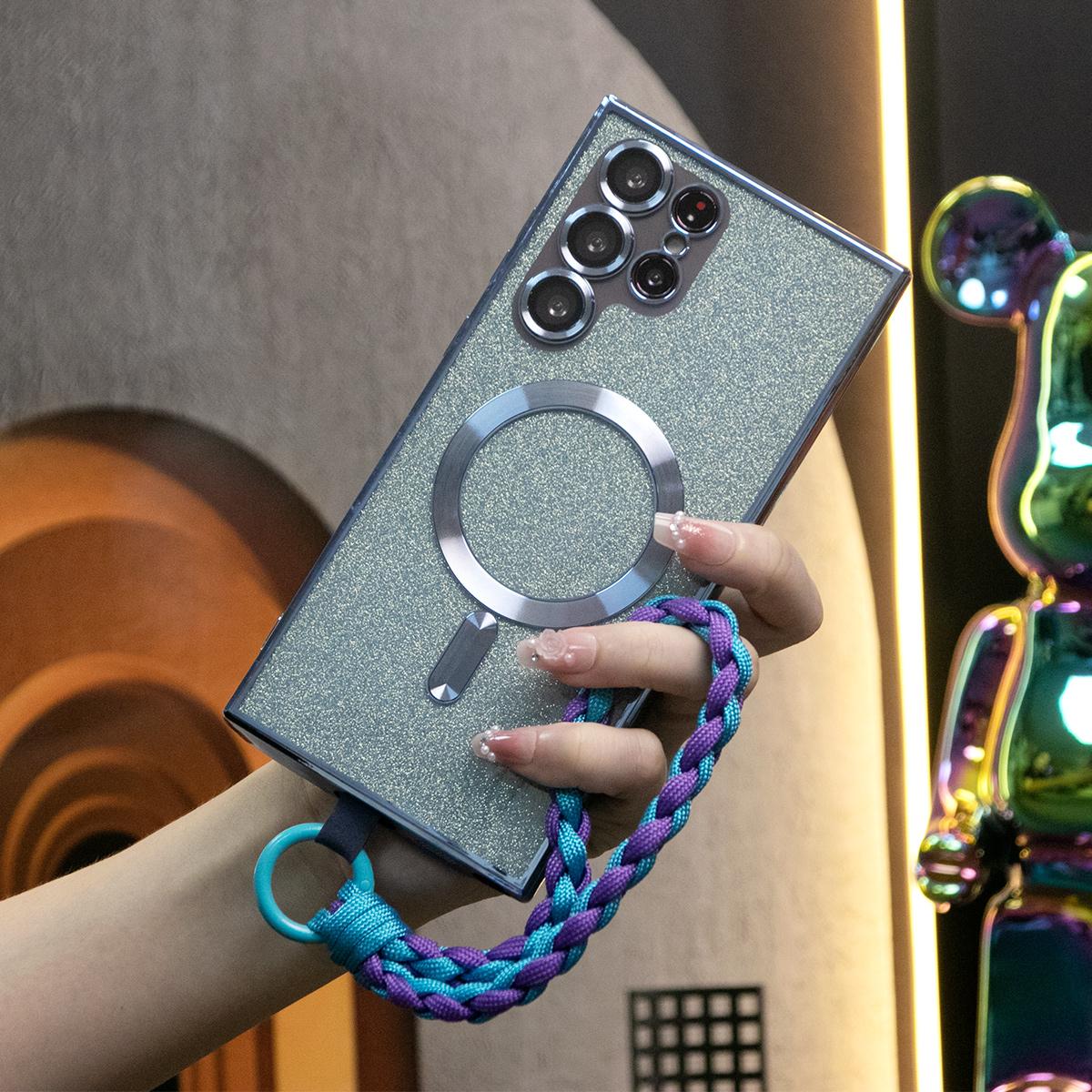 Luxury Glitter Magnetic Wireless Charge Transparent Soft Phone Case With Woven Wristband For Samsung S24 S23 S22 S21 Note20 Plus FE Ultra  With HD Camera Protection Slim Thin Cover Non-Yellowing