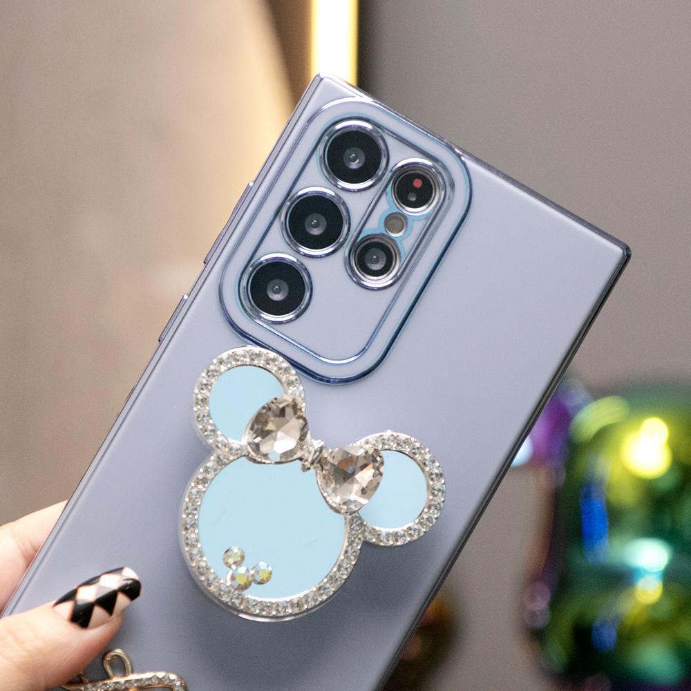 Für Samsung S23 S22 S21 A13 A14 A23 A24 A34 A52 A53 A54 Hülle, Mauskopf-Spiegel-Ständer, Liebesherz-Beschichtung, luxuriöse, elegante Hülle, Kameraschutz, stoßfeste PopStand-Softcover