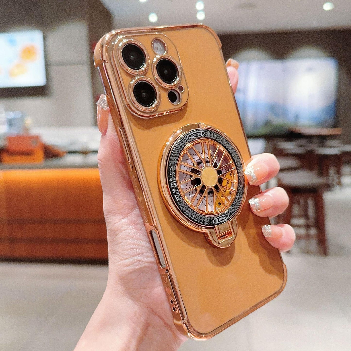 Plating Love Heart TPU Phone Case with Metal Magnetic Gyro Rotating Kickstand For iPhone 16ProMax 15 14 13 12 Shockproof Support Wireless Charging Soft Full Cover