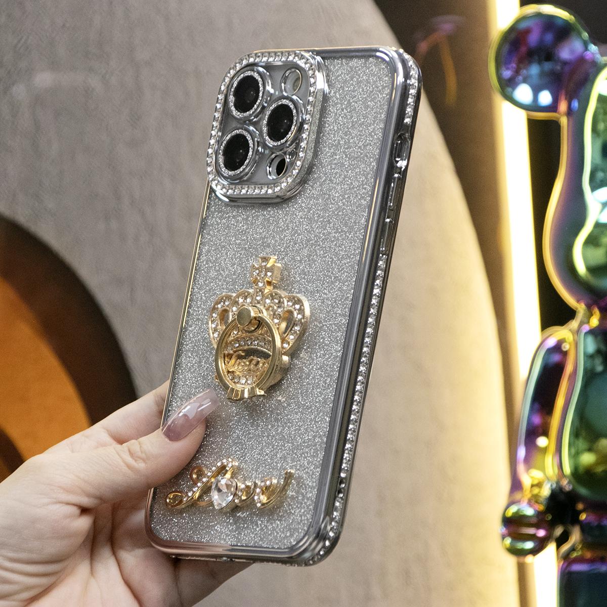 Plating Glitter Diamond Crown Ring Kickstand Phone Case For iPhone 16 15 14 13 12 11 Pro Max