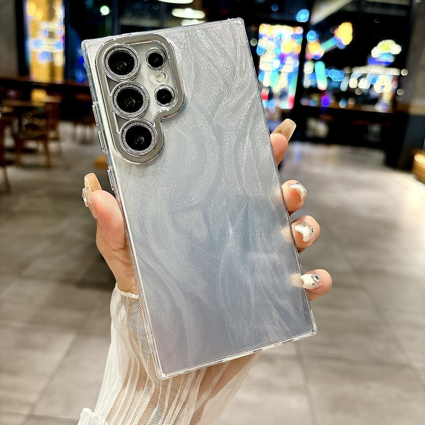 For Samsung S25Ultra S25 S24 S23 S22 Phone Case, Luxury Electroplating Laser Feathers Silk Pattern Acrylic Slim With Glitter Len Protector, Full Camera Protection Non-Yellowing Hard Cover