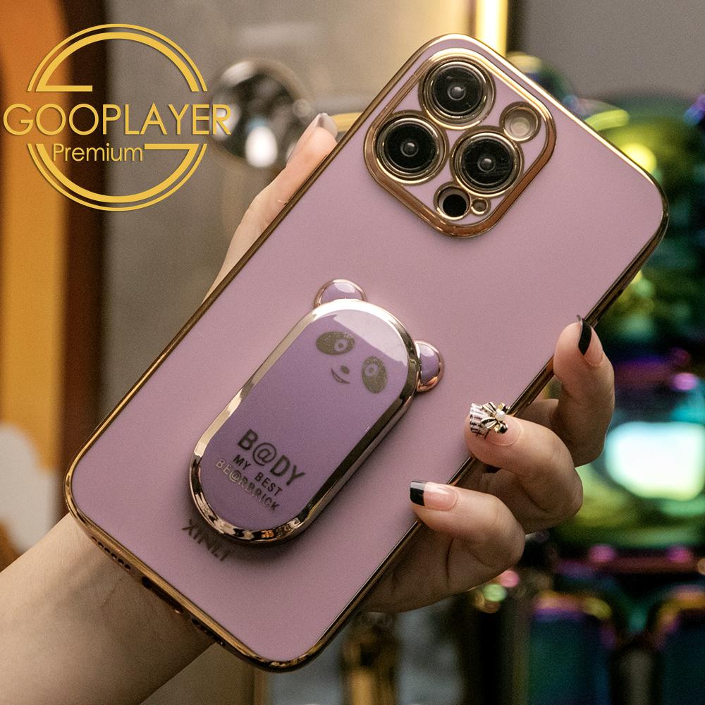 For iPhone 16 15 14 13 Pro Max Phone Case, Panda Kickstand TPU Luxury Plating Slim Soft Full Cover