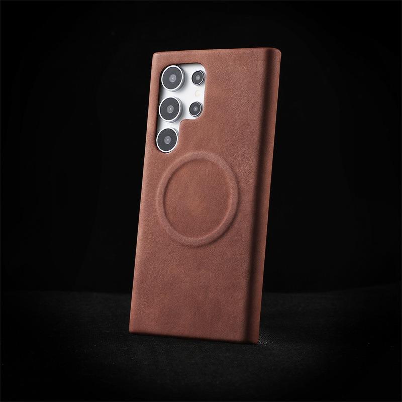 For Samsung S25Ultra S24Ultra S23Ultra Phone Case, Antislip Matte Luxury Goat Bark Leather Strong Magnetic Slim Emboss Pattern Len Protection Shockproof Hard Full Cover