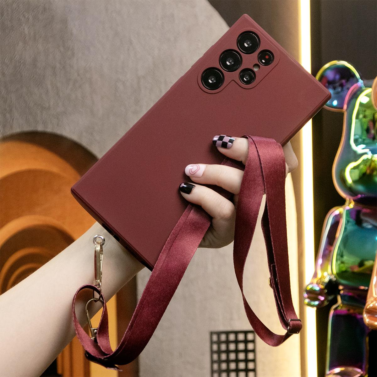 Square Liquid Silicone Matte Shockproof Crossbody Lanyard Phone Case For Samsung S25 S24 S23 Camera Protect Soft Cover