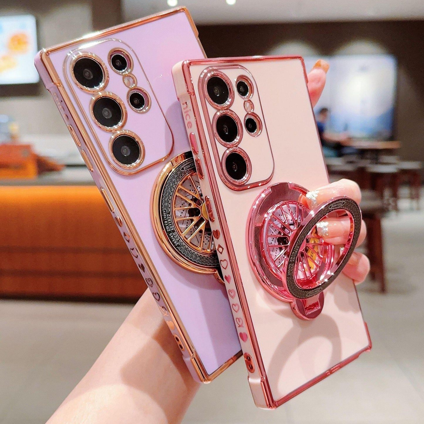 Plating Love Heart TPU Phone Case with Metal Rotating Magnetic Kickstand For Samsung S25Ultra S24 S23 S22 S21 Shockproof Support Wireless Charging Soft Full Cover