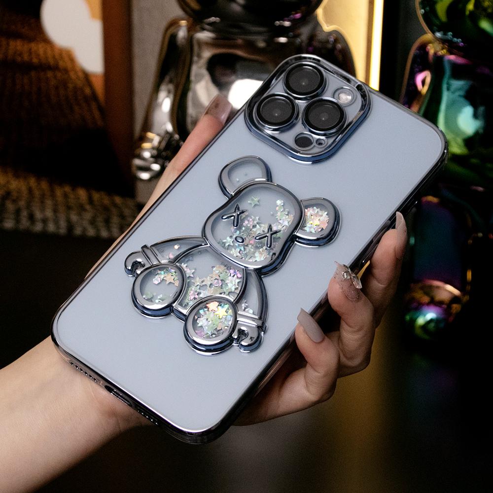 Cartoon Glitter Quicksand Bear Phone Case for iPhone 16 15 14 13 12 Pro Max