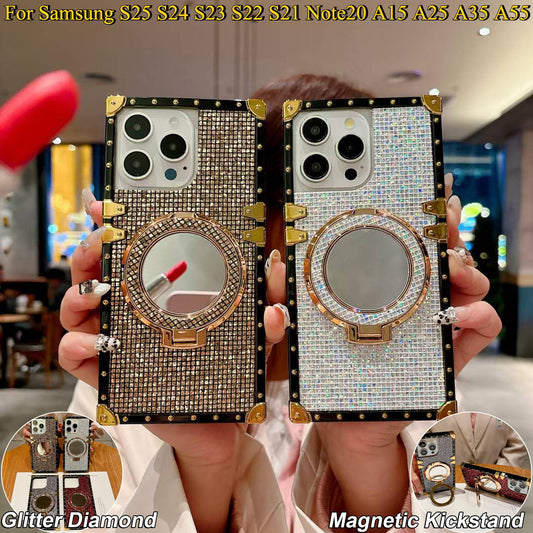Luxury Glitter Bling Diamond Heavy Duty Protection Shockproof With Mirror Magnetic Kickstand Phone Case For Samsung S25 S24 S23 S22 S21 Note20 A15 A25 A35 A55 Square Case Back Soft Cover