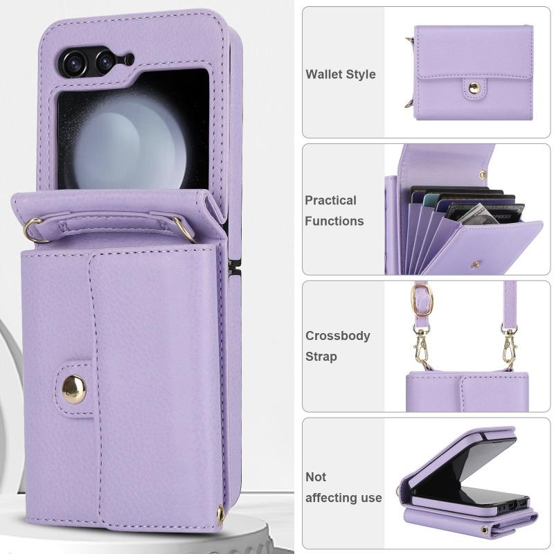 Crossbody Wrist Strap Leather with Card Holder Phone Case for Samsung Galaxy Z Flip 6 5 4 3 Flip6 Flip5 Flip4 Flip3 Wallet Cover