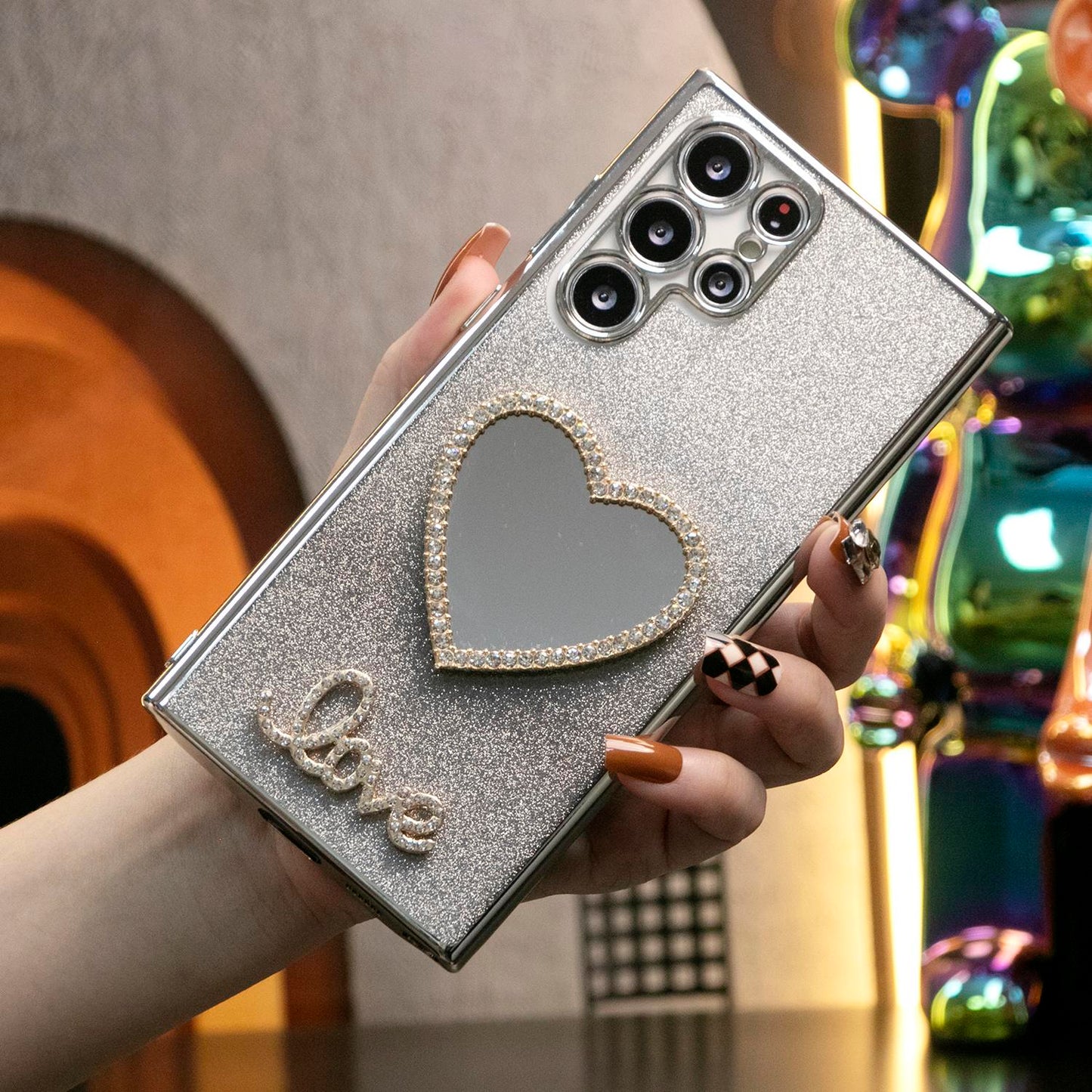 Luxury Diamond Love Heart Mirror Glitter Clear Gradient TPU Plating Shockproof Soft Phone Case For Samsung S24Ultra S24FE S24 S23 S22 S21 FE Plus Ultra