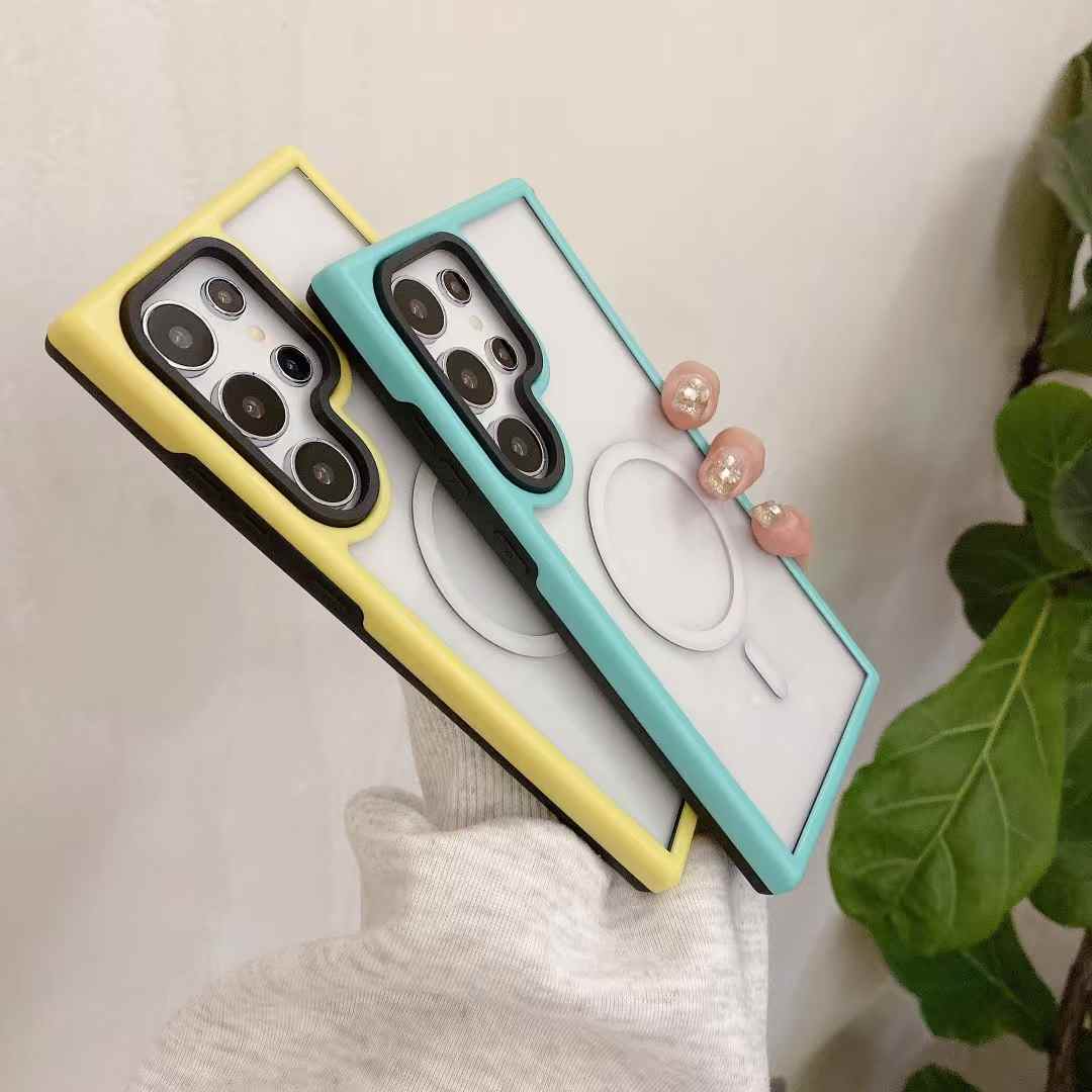 Two-tone Macaron Acrylic Transparent Magnetic Len Protection Phone Case For Samsung S25Ultra S25+ S25 S24Ultra S24+ S24, Hard Shockproof Full Cover