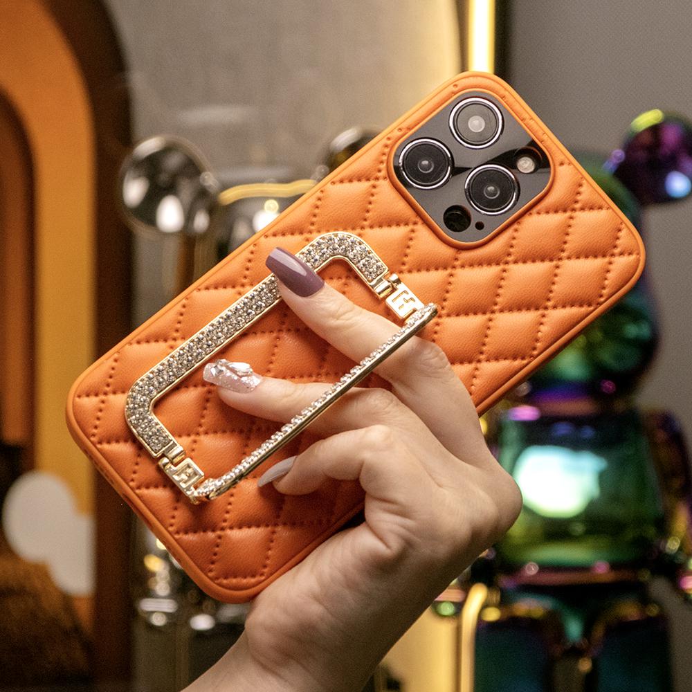 3D Crystal Square Holder Lattice Leather Phone Case for iPhone 16 15 14 13 12 Pro Max