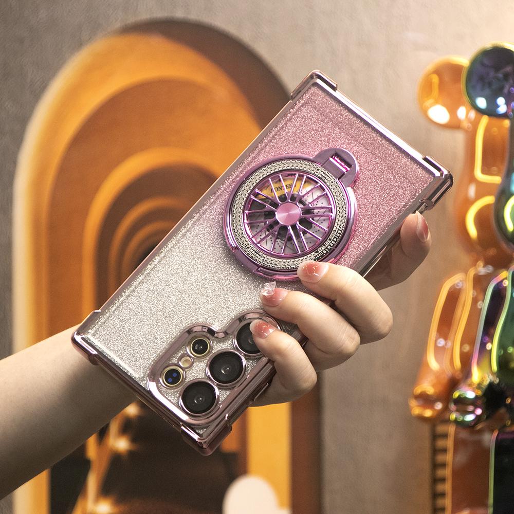 Gradient Plating Four Corners Shockproof Rotating Kickstand Case for Samsung S25Ultra S25 S24FE S24 S23 FE S22 Plus A53 A54 A55 Transparent Hard Acrylic Hybrid Bumper Armor Cover