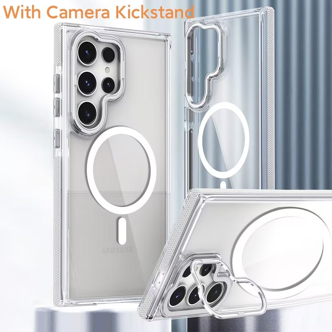 For Samsung S24 S23 S22 S21 FE Plus Ultra Case, Metal Hardware Camera Lens Stand Acrylic Cover, Clear No Yellow, With Shockproof  Anti-Fall Bumper