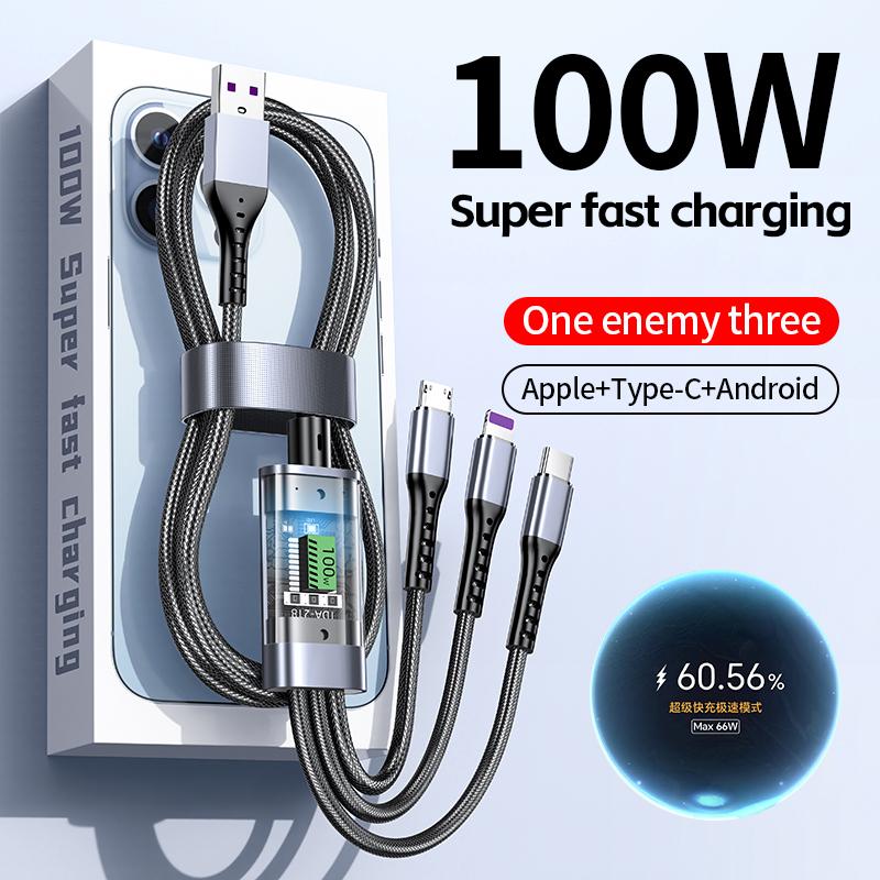 New 3 In 1 100w Transparent Fast Charging Cable Type C Usb Micro For Iphone Samsung Huawei Xiaomi Pilot Lamp Charger Usb C 6A