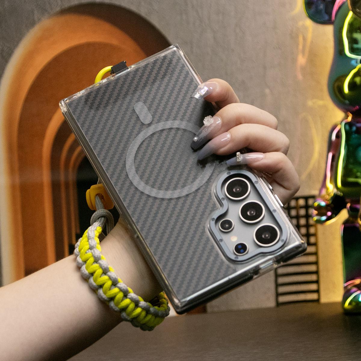 Strong Magnetic Carbon Fiber Phone Case, With Adjustable Woven Wristband, Metal Hardware Acrylic, Shockproof Anti-Fall Bumper For Samsung S25Ultra S25 S24 S23 S21FE A14 A15 A24 A25 A35 A54 A55 A05
