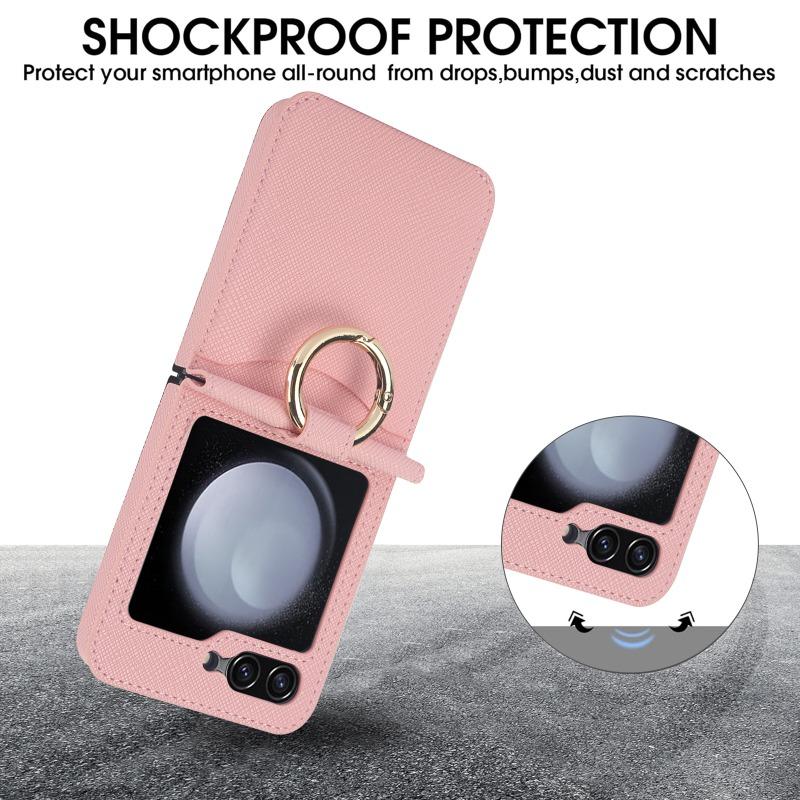 Cross Grain Leather Ring Phone Case for Samsung Galaxy Z Flip 6 5 4 3 Flip5 Flip4 Flip6 Wallet with Card Holder Shockproof Cover