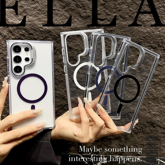 Dual Color Lens Stand Magnetic For Magsafe Wireless Charging Case For Samsung S24 Plus Ultra Clear TPU Acrylic Hard Cover