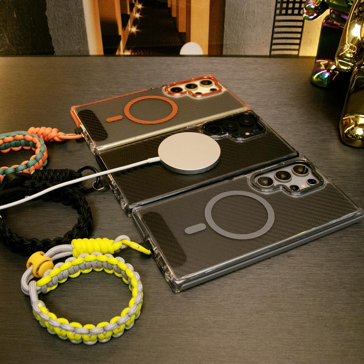 Strong Magnetic Carbon Fiber Phone Case, With Adjustable Woven Wristband, Metal Hardware Acrylic, Shockproof Anti-Fall Bumper For Samsung S25Ultra S25 S24 S23 S21FE A14 A15 A24 A25 A35 A54 A55 A05